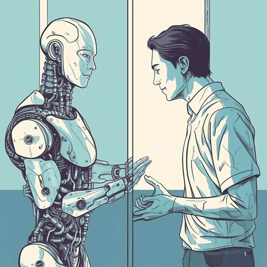 A man seeing his robot self in the mirror