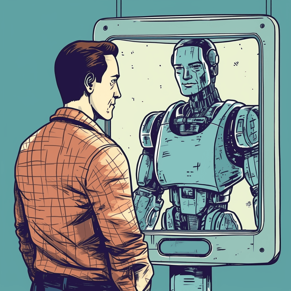 Man seeing future self AI-robot in mirror